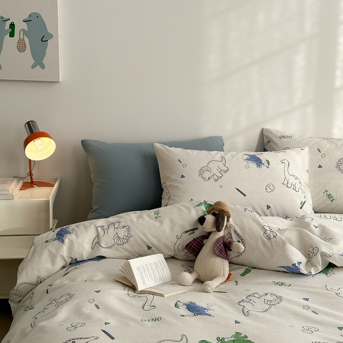 91家纺网 家纺一手货源 找家纺 棉眠 2024春季新款40支13070全棉卡通四件套 恐龙