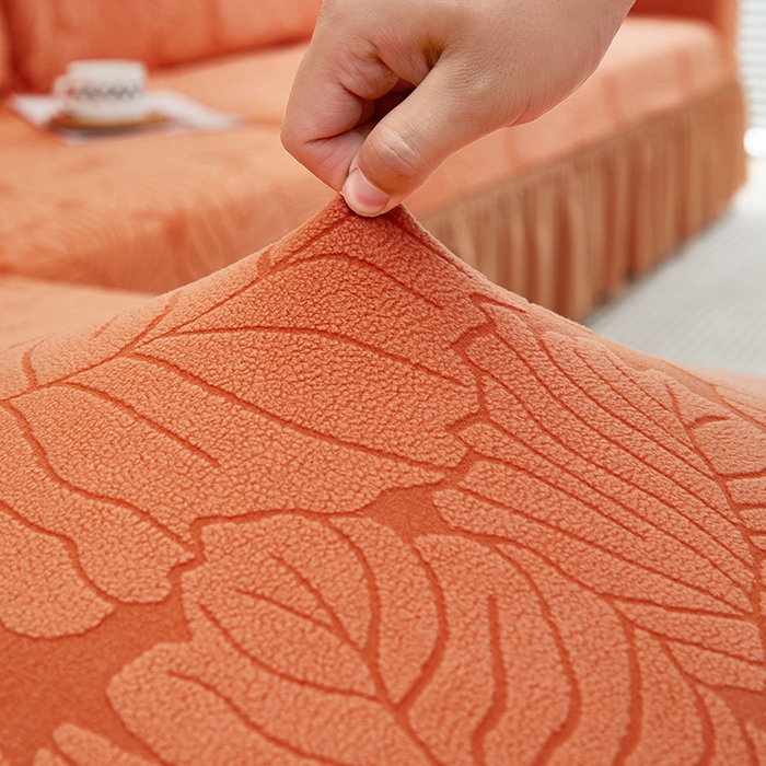 91家纺网 家纺一手货源 找家纺 丝绮鹿 2024新款羊羔绒沙发套裙边款（枫叶） 亮橙