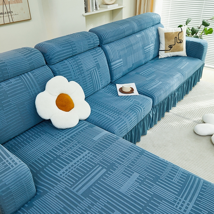 91家纺网 家纺一手货源 找家纺 丝绮鹿 2024新款提花绒沙发套裙边款（幸福） 幸福-水蓝