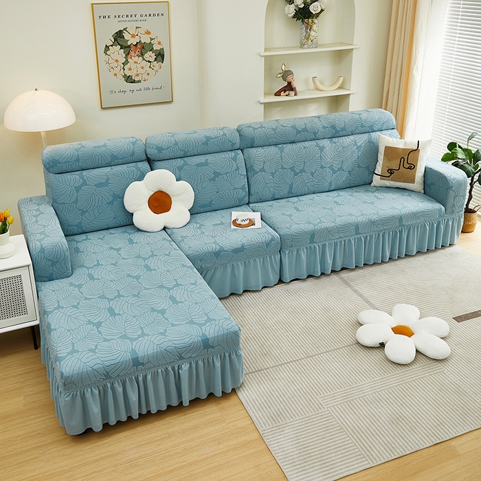 91家纺网 家纺一手货源 找家纺 丝绮鹿 2024新款羊羔绒沙发套裙边款（枫叶） 宁静蓝