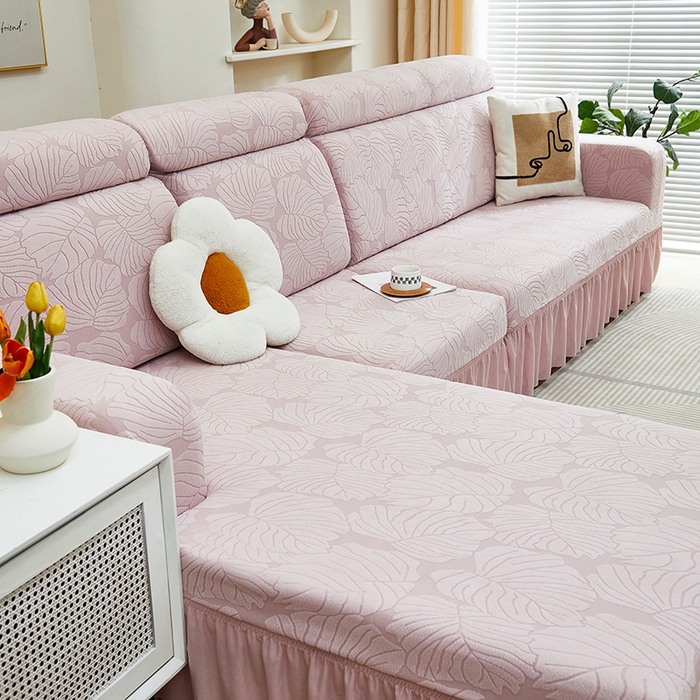 91家纺网 家纺一手货源 找家纺 丝绮鹿 2024新款羊羔绒沙发套裙边款（枫叶） 粉玉