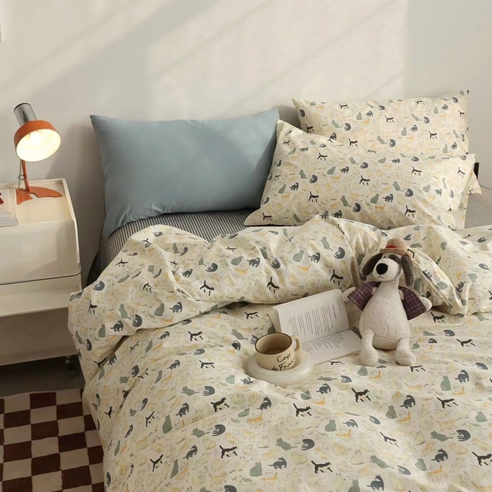 91家纺网 家纺一手货源 找家纺 棉眠 2024春季新款40支13070全棉卡通四件套 猫屋