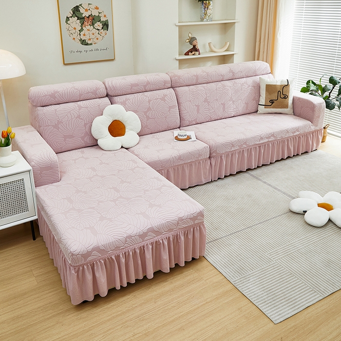 91家纺网 家纺一手货源 找家纺 丝绮鹿 2024新款羊羔绒沙发套裙边款（枫叶） 粉玉