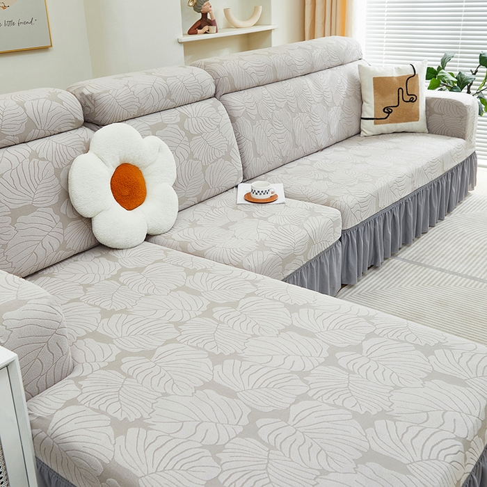 91家纺网 家纺一手货源 找家纺 丝绮鹿 2024新款羊羔绒沙发套裙边款（枫叶） 银灰