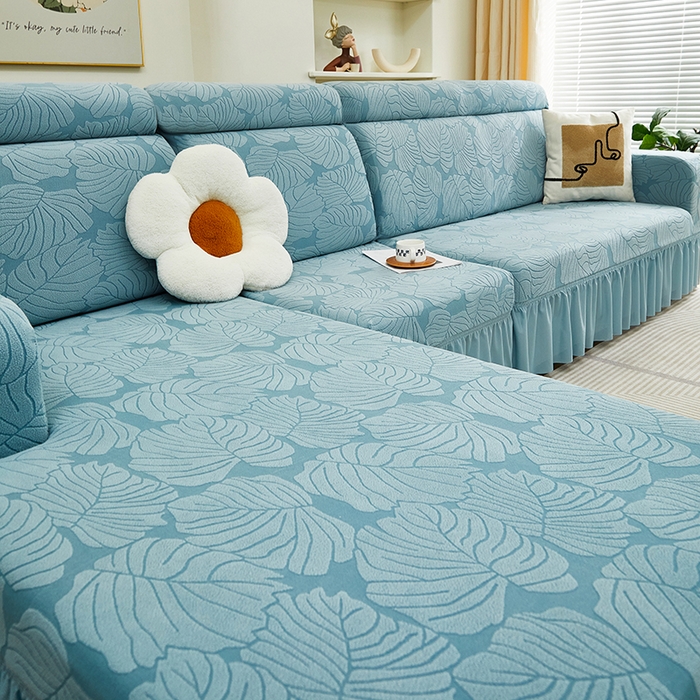 91家纺网 家纺一手货源 找家纺 丝绮鹿 2024新款羊羔绒沙发套裙边款（枫叶） 宁静蓝