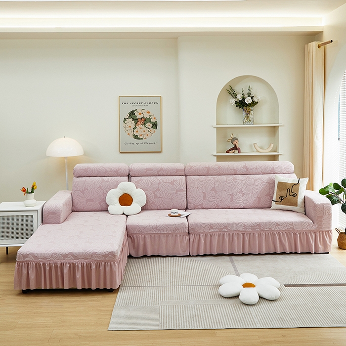 91家纺网 家纺一手货源 找家纺 丝绮鹿 2024新款羊羔绒沙发套裙边款（枫叶） 粉玉