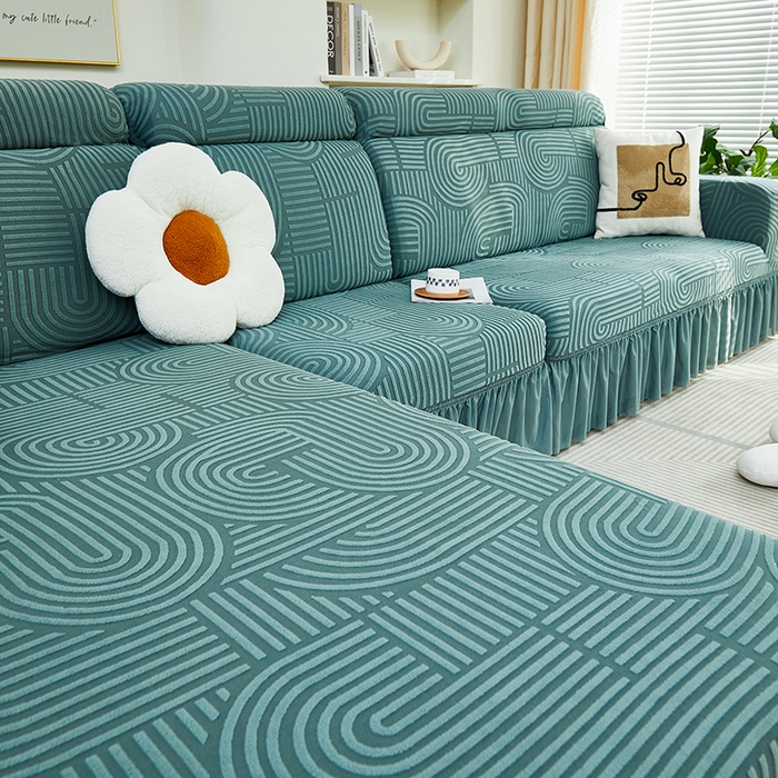 91家纺网 家纺一手货源 找家纺 丝绮鹿 2024新款提花绒沙发套裙边款（圆满） 圆满-清雅绿