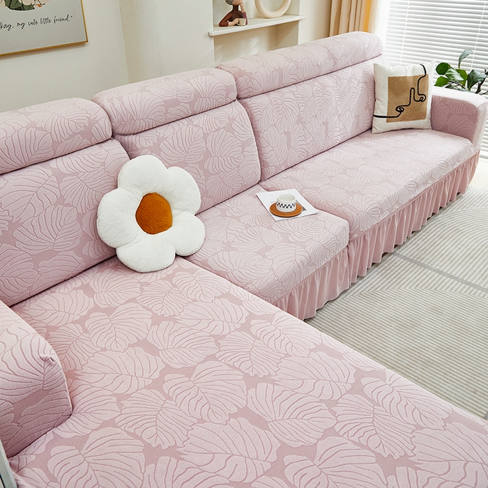 91家纺网 家纺一手货源 找家纺 丝绮鹿 2024新款羊羔绒沙发套裙边款（枫叶） 粉玉