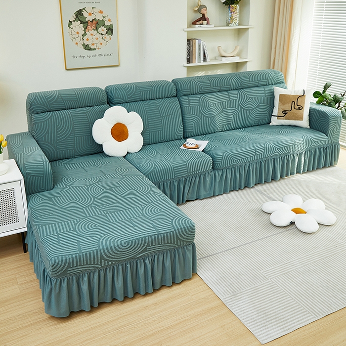 91家纺网 家纺一手货源 找家纺 丝绮鹿 2024新款提花绒沙发套裙边款（圆满） 圆满-清雅绿