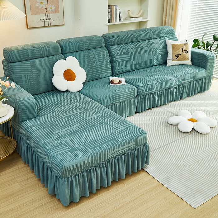 91家纺网 家纺一手货源 找家纺 丝绮鹿 2024新款提花绒沙发套裙边款（幸福） 幸福-松绿