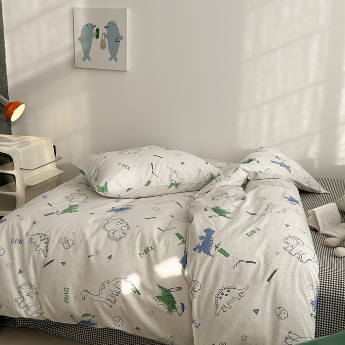 91家纺网 家纺一手货源 找家纺 棉眠 2024春季新款40支13070全棉卡通四件套 恐龙