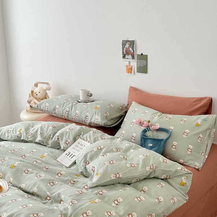 91家纺网 家纺一手货源 找家纺 安莱生活 2024新款高奢全棉新疆棉双层纱四件套 熊崽崽