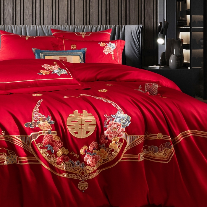 91家纺网 家纺一手货源 找家纺 佳汐蓝家纺 2024新款100支全棉刺绣婚庆四件套多件套-挚美-花颜赋