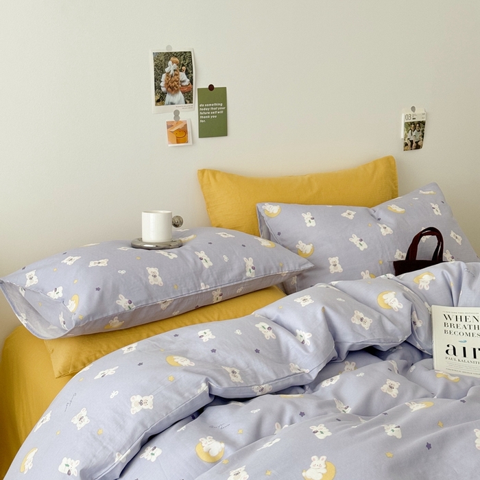 91家纺网 家纺一手货源 找家纺 安莱生活 2024新款高奢全棉新疆棉双层纱四件套 晚安熊