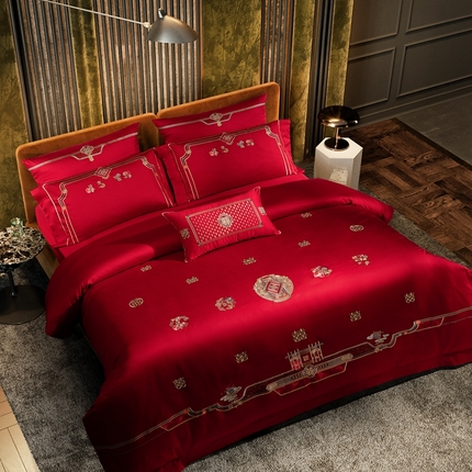 91家纺网 家纺一手货源 找家纺 （总）佳汐蓝家纺 2024新款100支全棉刺绣婚庆四件套多件套-挚美