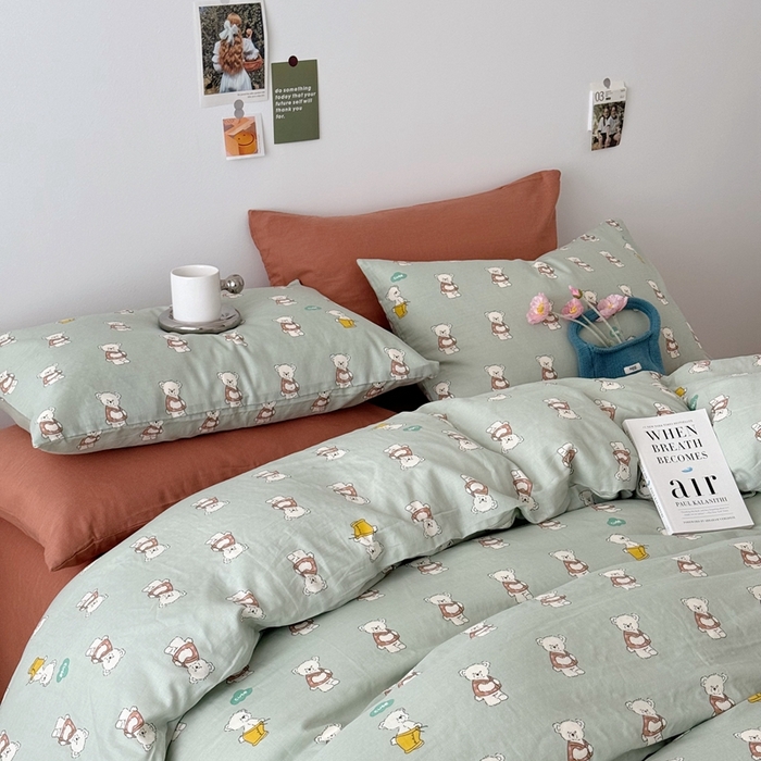 91家纺网 家纺一手货源 找家纺 安莱生活 2024新款高奢全棉新疆棉双层纱四件套 熊崽崽