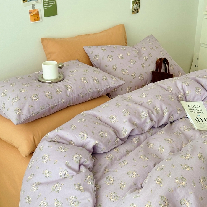 91家纺网 家纺一手货源 找家纺 安莱生活 2024新款高奢全棉新疆棉双层纱四件套 海棠花黄