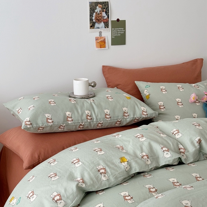 91家纺网 家纺一手货源 找家纺 安莱生活 2024新款高奢全棉新疆棉双层纱四件套 熊崽崽