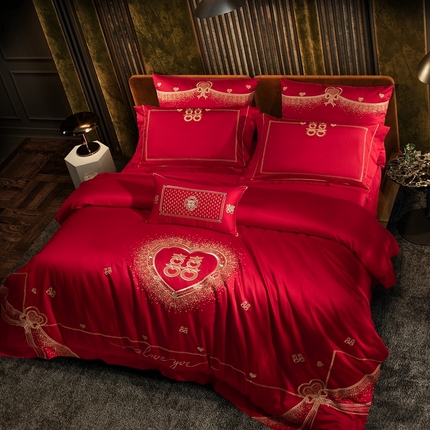 91家纺网 家纺一手货源 找家纺 （总）佳汐蓝家纺 2024新款100支全棉刺绣婚庆四件套多件套-挚美