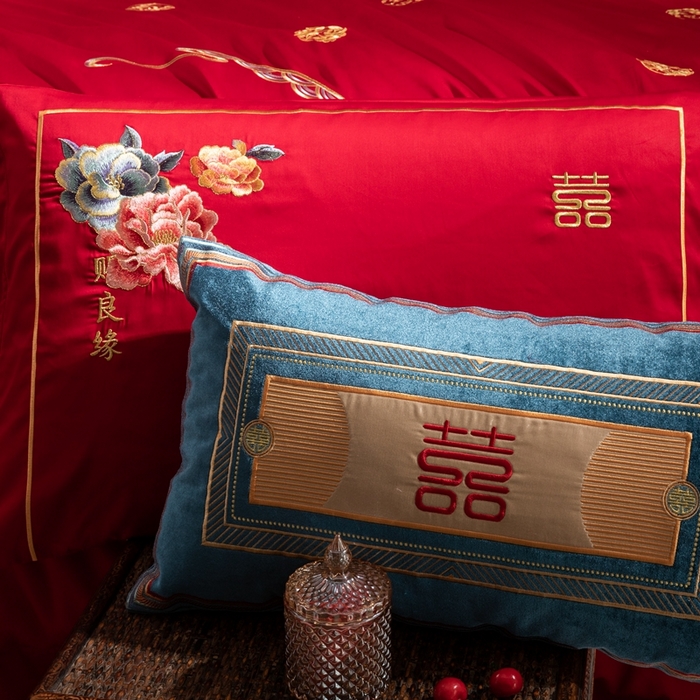 91家纺网 家纺一手货源 找家纺 佳汐蓝家纺 2024新款100支全棉刺绣婚庆四件套多件套-挚美-花颜赋