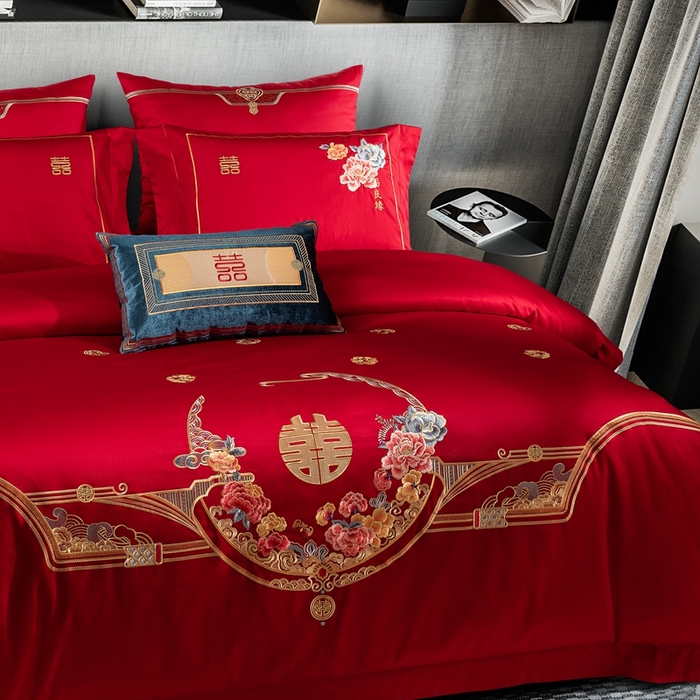 91家纺网 家纺一手货源 找家纺 佳汐蓝家纺 2024新款100支全棉刺绣婚庆四件套多件套-挚美-花颜赋