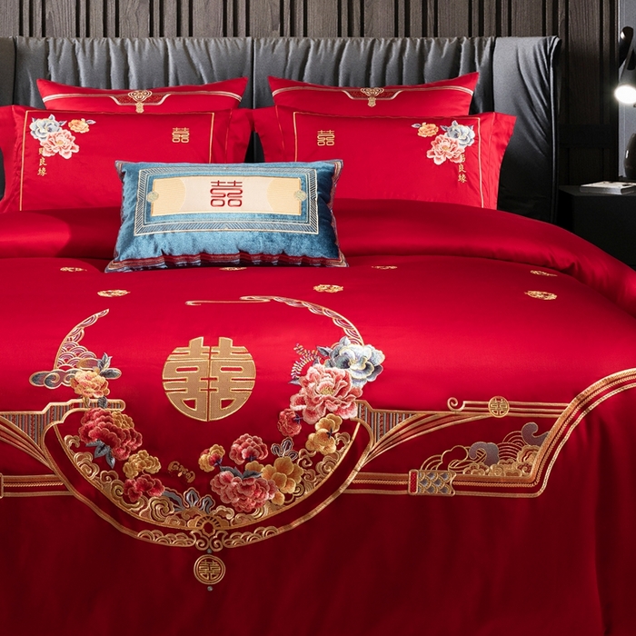 91家纺网 家纺一手货源 找家纺 佳汐蓝家纺 2024新款100支全棉刺绣婚庆四件套多件套-挚美-花颜赋