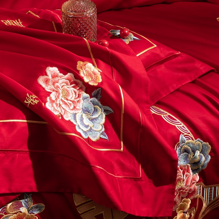 91家纺网 家纺一手货源 找家纺 佳汐蓝家纺 2024新款100支全棉刺绣婚庆四件套多件套-挚美-花颜赋