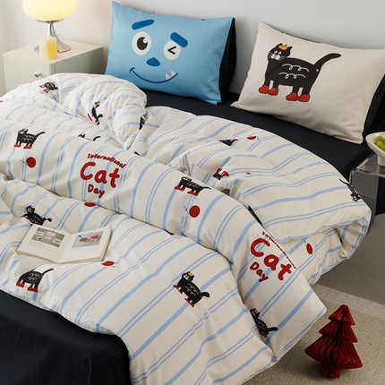 珺柔家纺 2024年款13070全棉数码印花四件套 蓝小猫