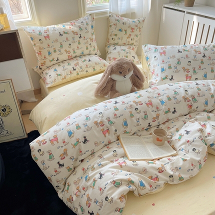 91家纺网 家纺一手货源 找家纺 2024新款AB版40支全棉13372ins卡通可爱风四件套 狗狗家族