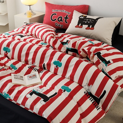 珺柔家纺 2024年款13070全棉数码印花四件套 红白领结猫