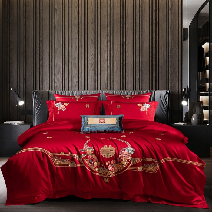 91家纺网 家纺一手货源 找家纺 佳汐蓝家纺 2024新款100支全棉刺绣婚庆四件套多件套-挚美-花颜赋