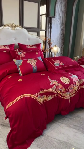 91家纺网 家纺一手货源 找家纺 佳汐蓝家纺 2024新款100支全棉刺绣婚庆四件套多件套-挚美-花颜赋