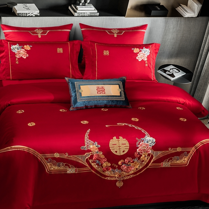 91家纺网 家纺一手货源 找家纺 佳汐蓝家纺 2024新款100支全棉刺绣婚庆四件套多件套-挚美-花颜赋