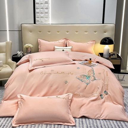 91家纺网 家纺一手货源 找家纺 帝菲妮 2025新款优肤棉刺绣四件套-蝶舞 蝶舞-粉色