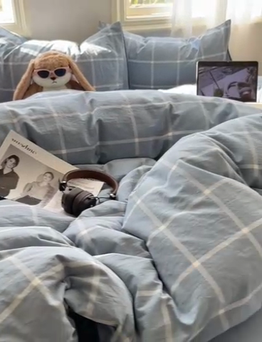 91家纺网 家纺一手货源 找家纺 雅居纺家纺 2024新款色织水洗棉四件套 柏林蓝格