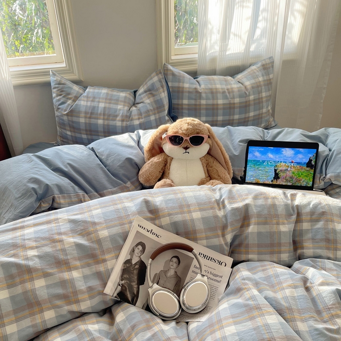 91家纺网 家纺一手货源 找家纺 雅居纺家纺 2024新款色织水洗棉四件套 蓝调格