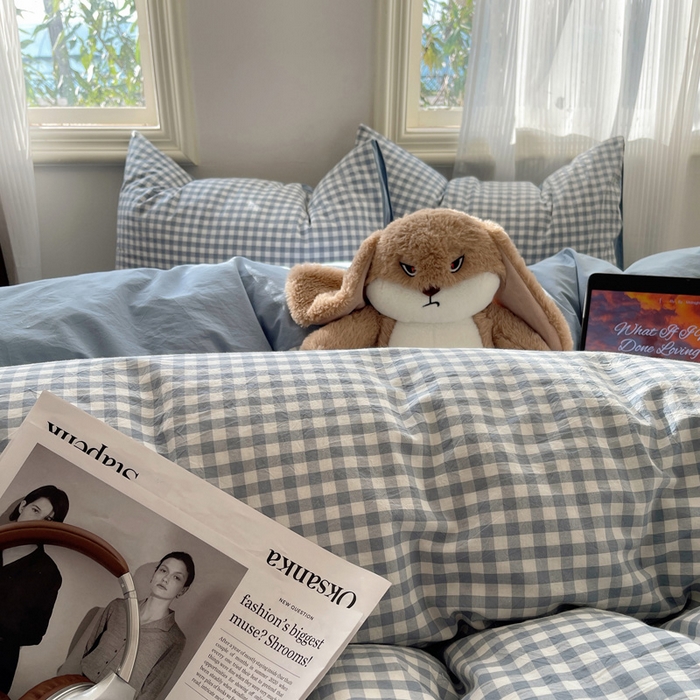 91家纺网 家纺一手货源 找家纺 雅居纺家纺 2024新款色织水洗棉四件套 蓝小格