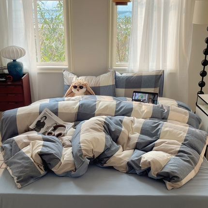 91家纺网 家纺一手货源 找家纺 雅居纺家纺 2024新款色织水洗棉四件套 蓝大格