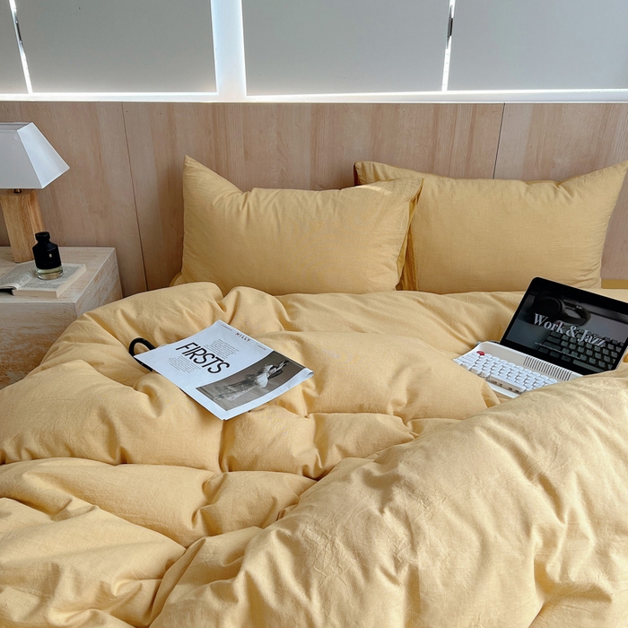 91家纺网 家纺一手货源 找家纺 雅居纺家纺 2024新款色织水洗棉四件套 千鸟格黄