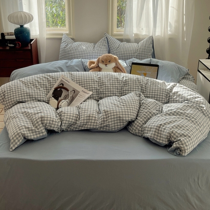 雅居纺家纺 2024新款色织水洗棉四件套 蓝小格