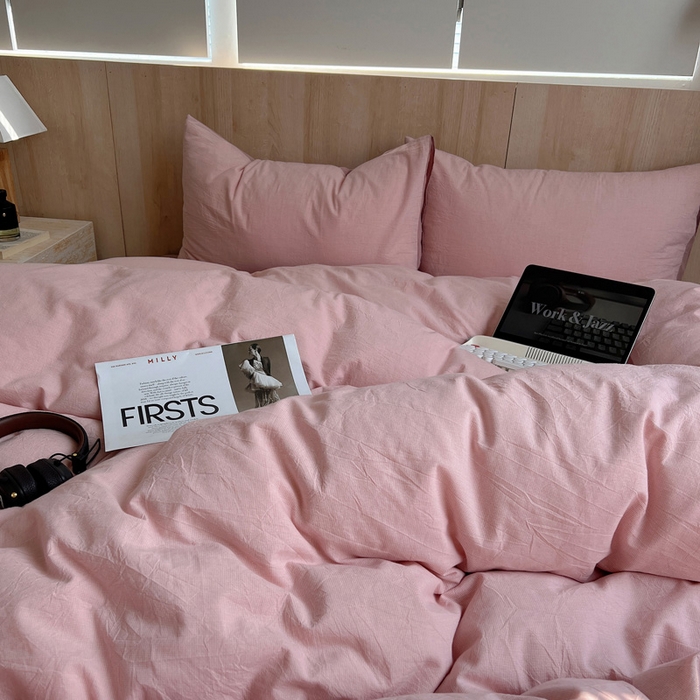 91家纺网 家纺一手货源 找家纺 雅居纺家纺 2024新款色织水洗棉四件套 千鸟格粉