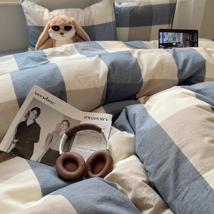 91家纺网 家纺一手货源 找家纺 雅居纺家纺 2024新款色织水洗棉四件套 蓝大格