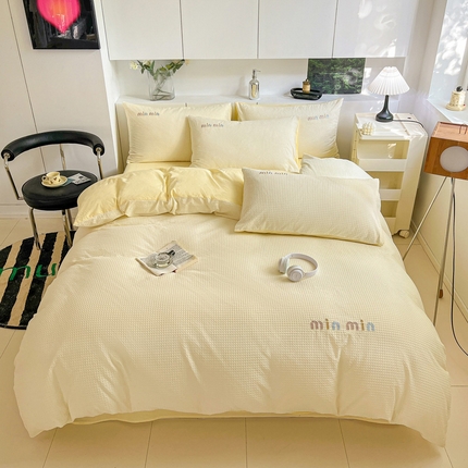 雅居纺家纺 2024新款全棉华夫格绣花四件套 Min-米黄