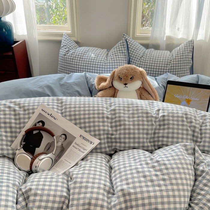 91家纺网 家纺一手货源 找家纺 雅居纺家纺 2024新款色织水洗棉四件套 蓝小格