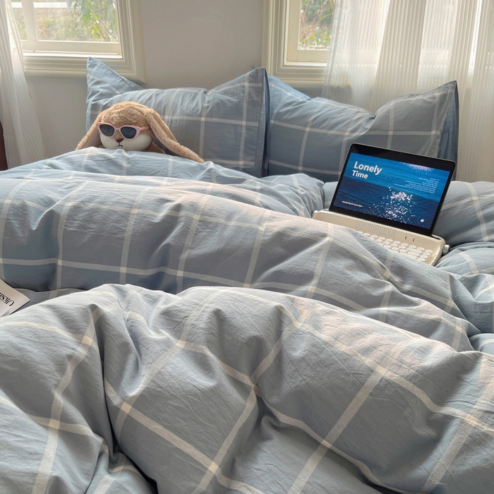 91家纺网 家纺一手货源 找家纺 雅居纺家纺 2024新款色织水洗棉四件套 柏林蓝格