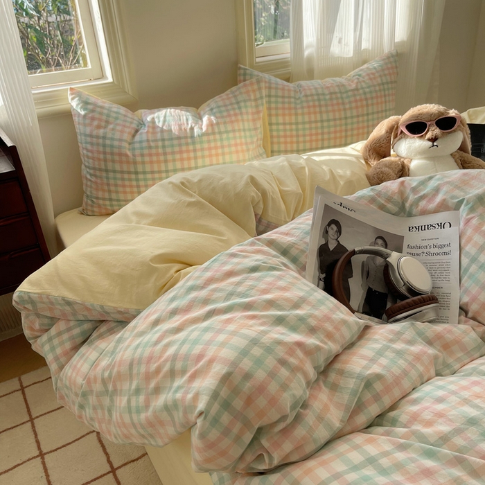 91家纺网 家纺一手货源 找家纺 雅居纺家纺 2024新款色织水洗棉四件套 奶油格