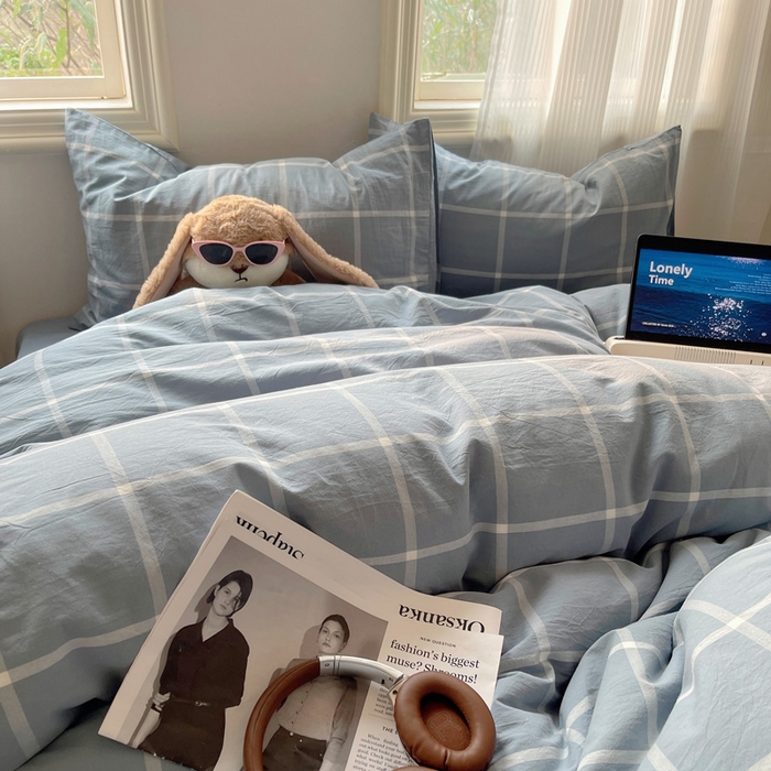 91家纺网 家纺一手货源 找家纺 雅居纺家纺 2024新款色织水洗棉四件套 柏林蓝格