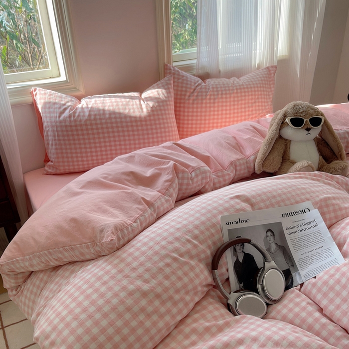 91家纺网 家纺一手货源 找家纺 雅居纺家纺 2024新款色织水洗棉四件套 粉小格