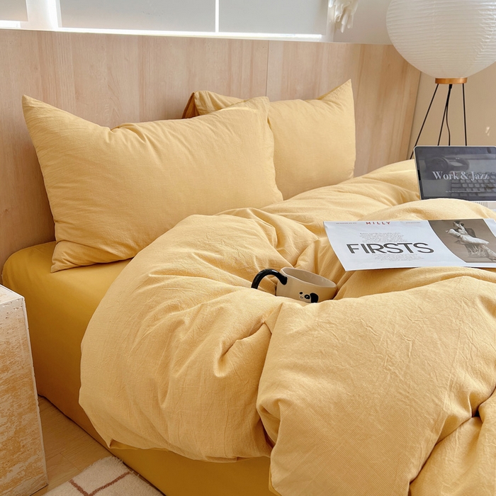 91家纺网 家纺一手货源 找家纺 雅居纺家纺 2024新款色织水洗棉四件套 千鸟格黄