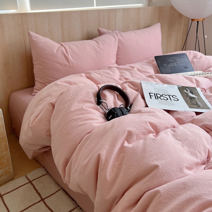 91家纺网 家纺一手货源 找家纺 雅居纺家纺 2024新款色织水洗棉四件套 千鸟格粉